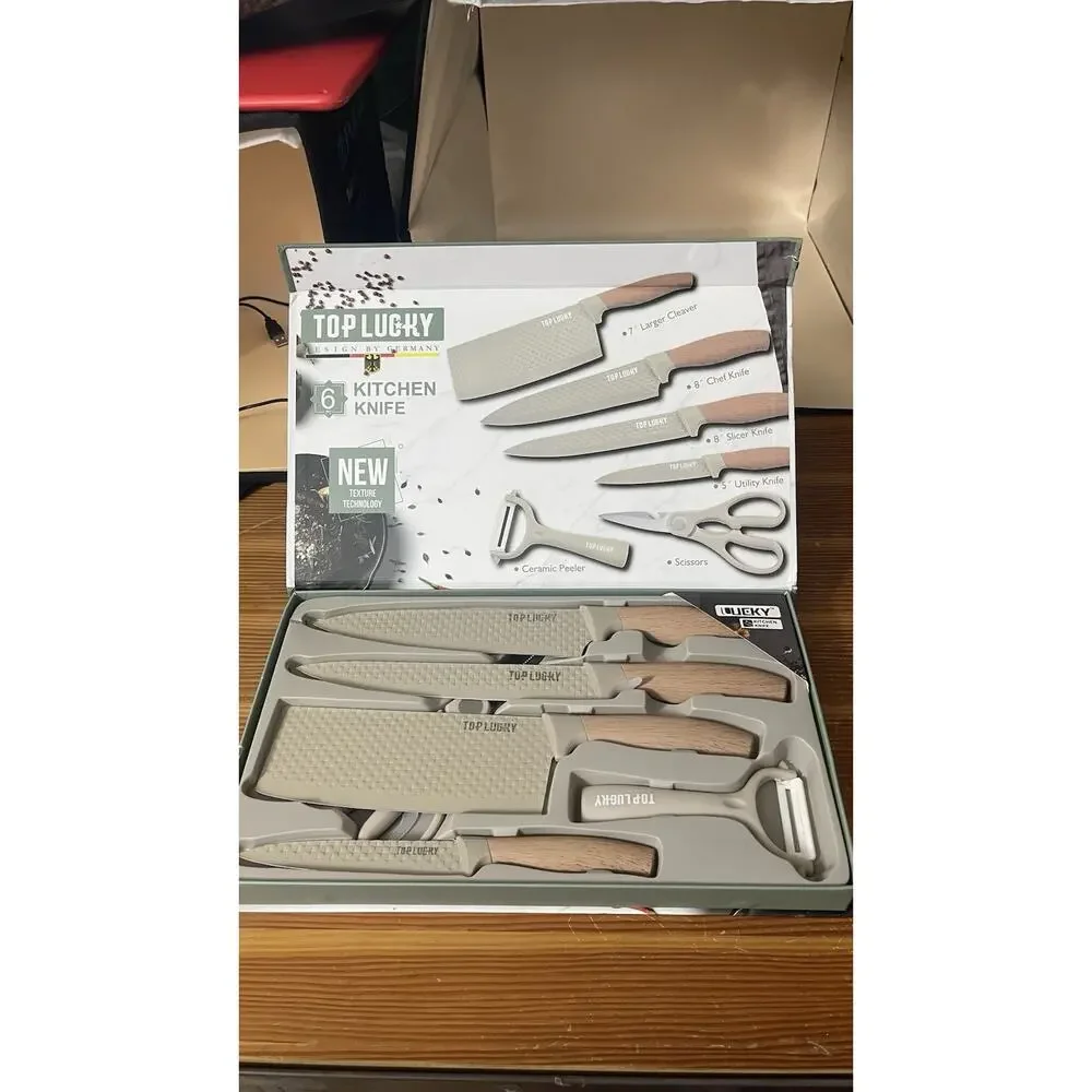 Top Lucky LK806 6 Piece Kitchen Knife Set Khaki Textured Blades Gift Box